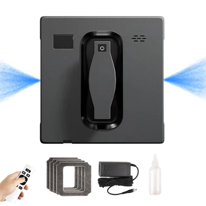 Robot de curatare a geamurilor, WALALLA, pulverizare cu apa in doua directii, 3 moduri de functionare, control prin aplicatie mobila, dispozitiv de protectie UPS, rezervor de apa de 50 ml, detectare rama, cu telecomanda, aspiratie 5600 Pa, negru