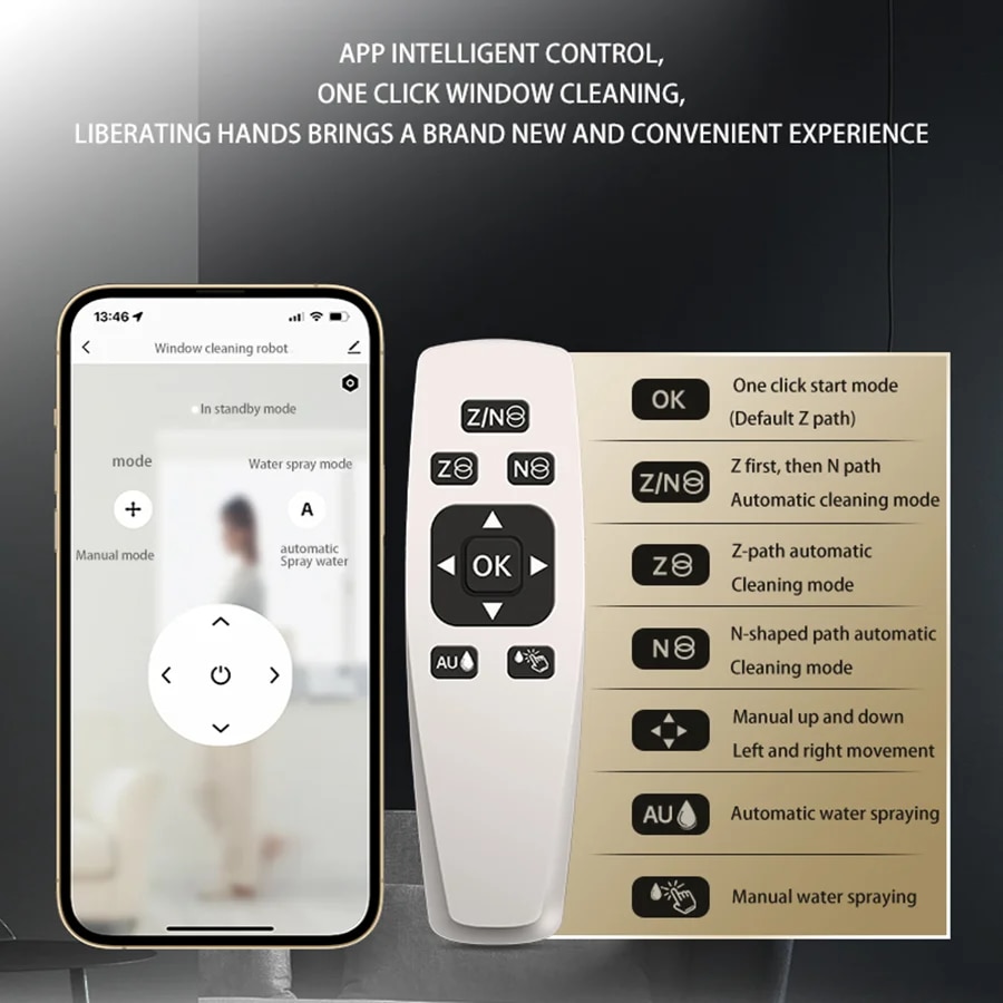 Robot de curatare a geamurilor, WALALLA, pulverizare cu apa in doua directii, 3 moduri de functionare, control prin aplicatie mobila, dispozitiv de protectie UPS, rezervor de apa de 50 ml, detectare rama, cu telecomanda, aspiratie 5600 Pa, negru