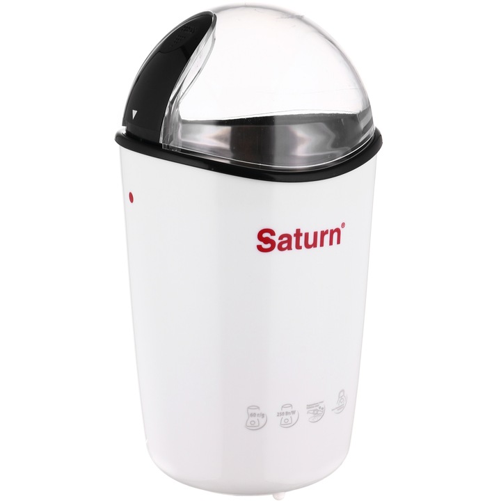 Rasnita de cafea Saturn ST-CM1231 White, 250W, 60 g, Cutite din otel inoxidabil, Mecanism de blocare, Accesoriu: Perie, Alb