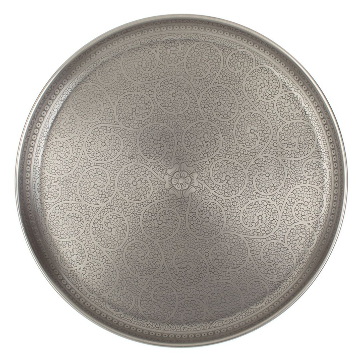 Platou Decorativ Metalic de Culoare Argintie cu Model Paisley Ø40cm