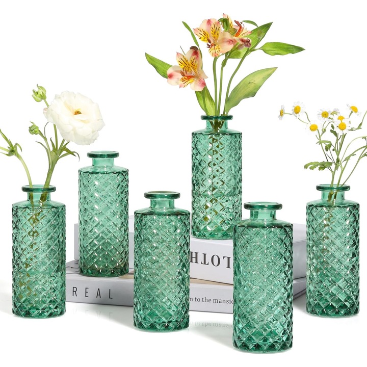 Set 6 Vaze, Mini Vaze din Sticla cu design diamant, modele distincte, Vaze decorative pentru masa, Pentru Acasa, Restaurant, biroulu, ideal pentru aranjamente florale, plante, flori proaspete, 5x13 cm, Verde
