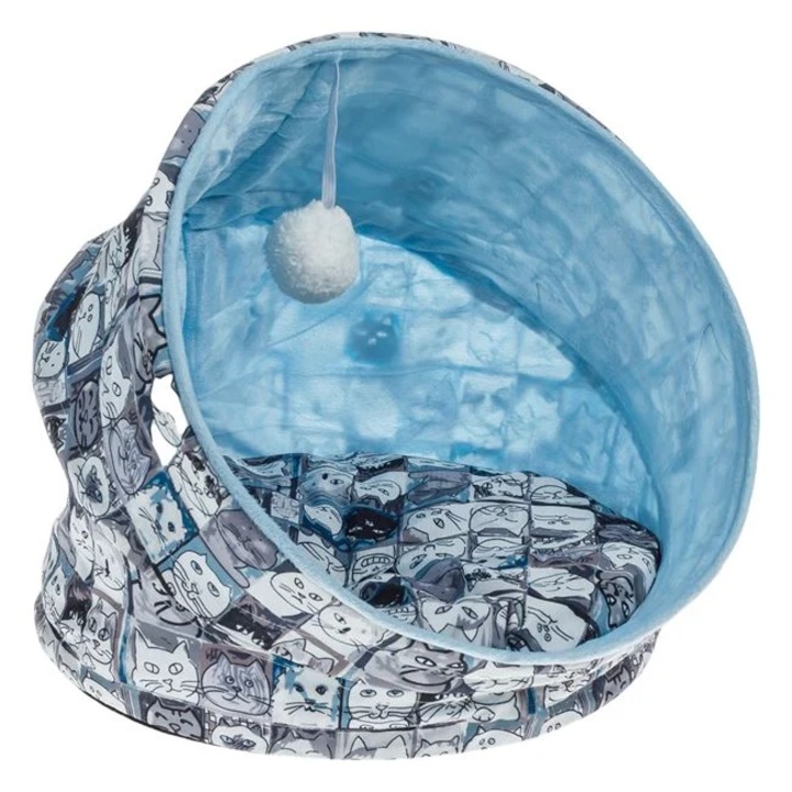 Pat tip Cuib Gri Bleu cu Figuri de Pisica si Bila Suspendata pentru Pisica, 40x40 cm