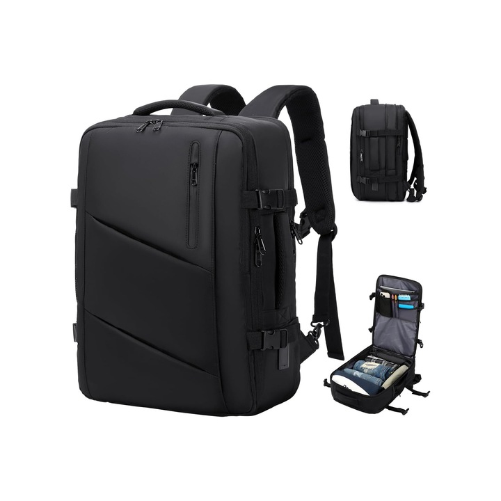 Раница за пътуване, 40L, разширяема, с USB/Type-C порт, водоустойчива, черна