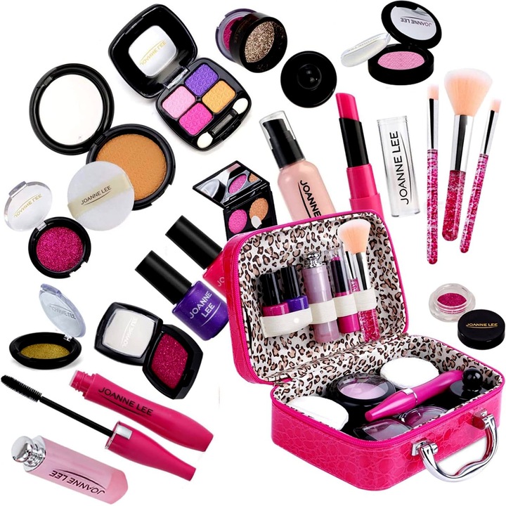 Trusa de machiaj pentru copii, Set Make-Up complet, cu 21 de elemente pentru make-up, rujuri, farduri, oja, fara substante cosmetice, design inedit, geanta cu maner pentru transport, pentru fetite de 3, 4, 5, 6, 7, 8, 9 ani, non-toxic