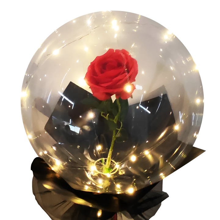 Trandafir in Balon LED cu Lumini, Flippy, Tip Buchet cu Snur si Tesatura Decorativa, Diametru 35 cm, Rosu