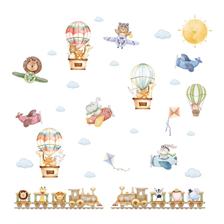 Set stickere decorative pentru copii, tren, avion, balon cu aer cald, animale, autoadezive, galben pai, 40x90cm