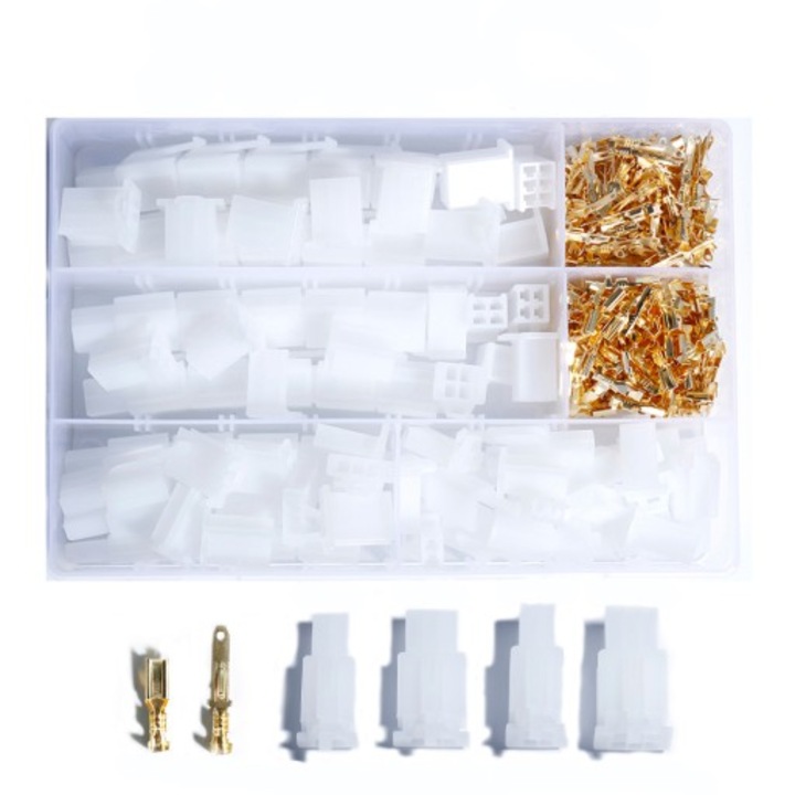 Set 380 buc Conectori Auto, Blurr, conectori tata si mama, 2.8mm, 2/3/4/6-pin, Alb/Auriu