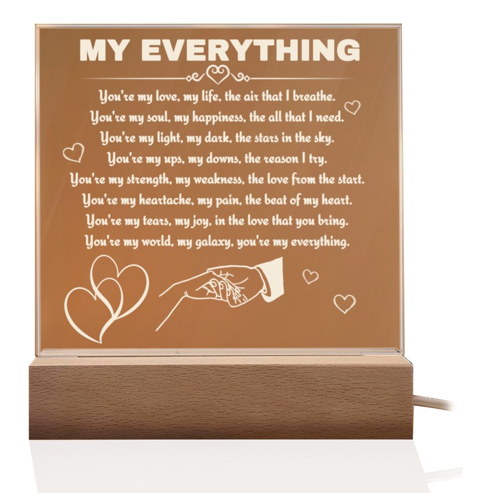 Joystos, Lampa decorativa din Placa Acril cu Baza din Lemn si Banda Led Lumina Calda, Pentru Iubit/Iubita, Cu Mesajul ”You're my love, my life, the air that I breathe.”