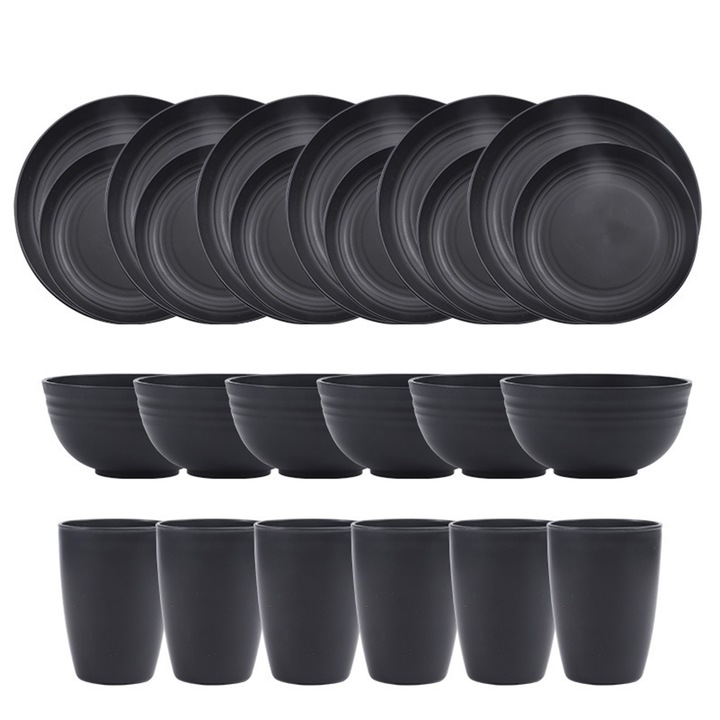Комплект от 24 сервиза за хранене, Axroad Mall, 6 порции, нечупливи, подреждащи се, спестяващи място, безопасни за хладилник и съдомиялна машина, идеални за къмпинг, каравани, пикници, кухни, черен, PP
