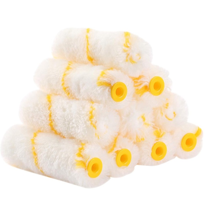 Комплект валяци, Axroad Mall, 10 валяка с четка, За всички бои, Лесен за почистване и повторна употреба, Издръжлив и дълготраен, Отлично попиване на боята, Гъвкава употреба, Бял/Жълт, Химически влакна, 3×10 cm