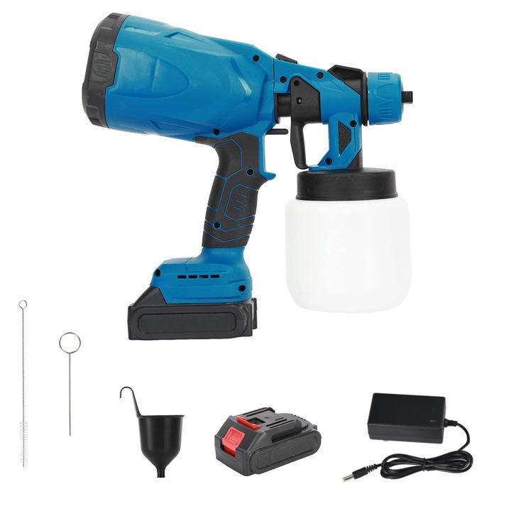 Set pistol de vopsit, Axroad Mall, Rezervor 800 ml, Portabilitate fara fir, Motor puternic, Eficienta ridicata, Cu acumulator si incarcator, Pentru mobila, dulapuri, garduri, pereti, usi, scaune de gradina etc, Albastru, Plastic/Cupru