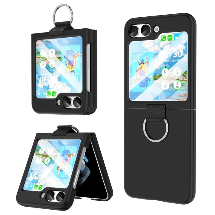 Калъф за Samsung Galaxy Z Flip5, Axroad Mall, Пълна защита, Устойчив на падане, С пръстен, Антивибрационен, Опростен, Съвместим с безжично зареждане, Стегнат, Лесен за инсталиране, компютър, Черен