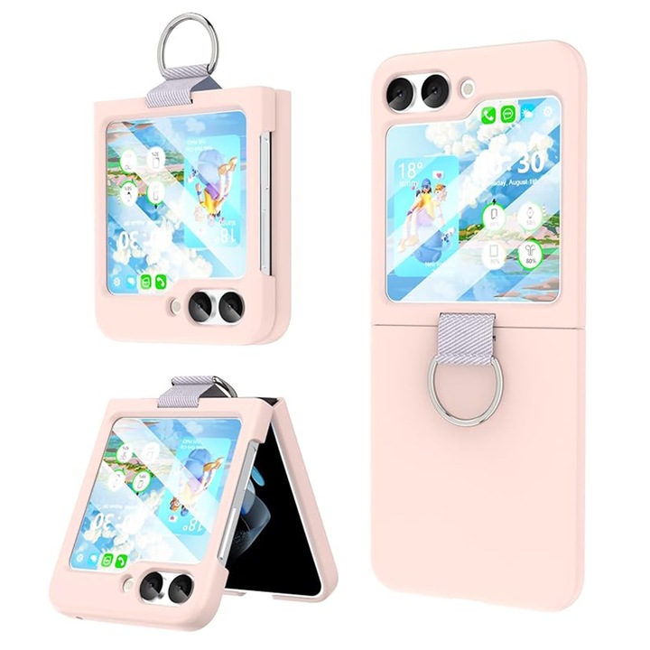 Калъф за Samsung Galaxy Z Flip5, Axroad Mall, Пълна защита, Устойчив на падане, С пръстен, Антивибрационен, Опростен, Съвместим с безжично зареждане, Стегнат, Лесен за инсталиране, компютър, Розов