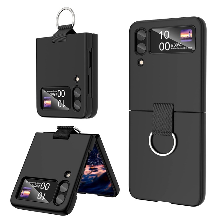 Husa de protectie Cover pentru Samsung Galaxy Z Flip 4, Axroad Mall, Cu inel, Rezistent la caderi, Protectie completa, Suporta incarcare wireless, Protectie antisoc, Camera Ultra Safe, Usor de instalat, PC, Negru