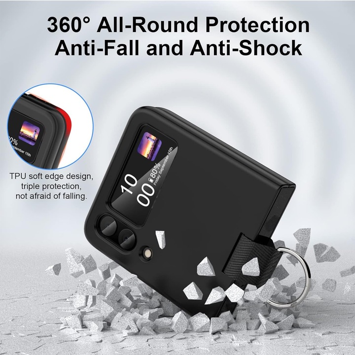 Защитен калъф за Samsung Galaxy Z Flip 4, Axroad Mall, с пръстен, устойчив на изпускане, пълна защита, поддържа безжично зареждане, защита срещу удари, ултра безопасна камера, лесен за инсталиране, компютър, черен