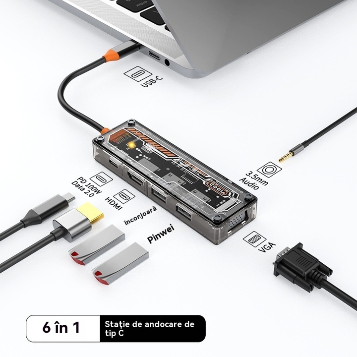 Универсален хъб тип C за лаптоп, 6-портов USB хъб тип C, 6-портов докинг станция тип C за бърз трансфер на данни, многофункционален USB хъб тип C за лаптоп, идеален за офис, с HDMI, VGA, портове за четец на картички 1,5см