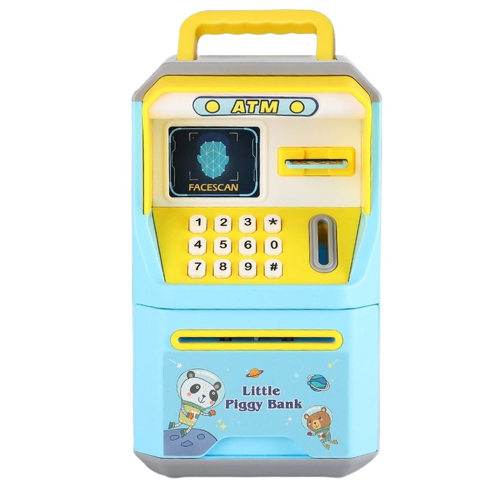 Játék ATM, elektronikus jelszó, pénzügyi koncepciók kidolgozása, hangos bejelentések, gyerekdalok, ütésálló, kék