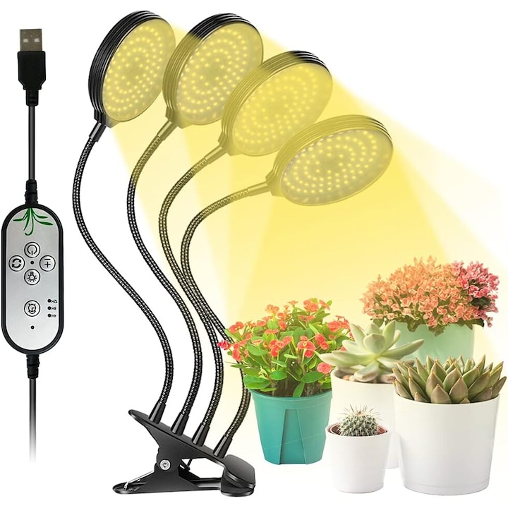 Пълноспектърна UV лампа за растеж на растения с 4 гъвкави рамена, JENUOS®, 60 W, 3 режима на светлина и 5 нива на яркост, 4/8/12h таймер, за ускорен растеж на растения, цветя и зеленчуци, регулируем