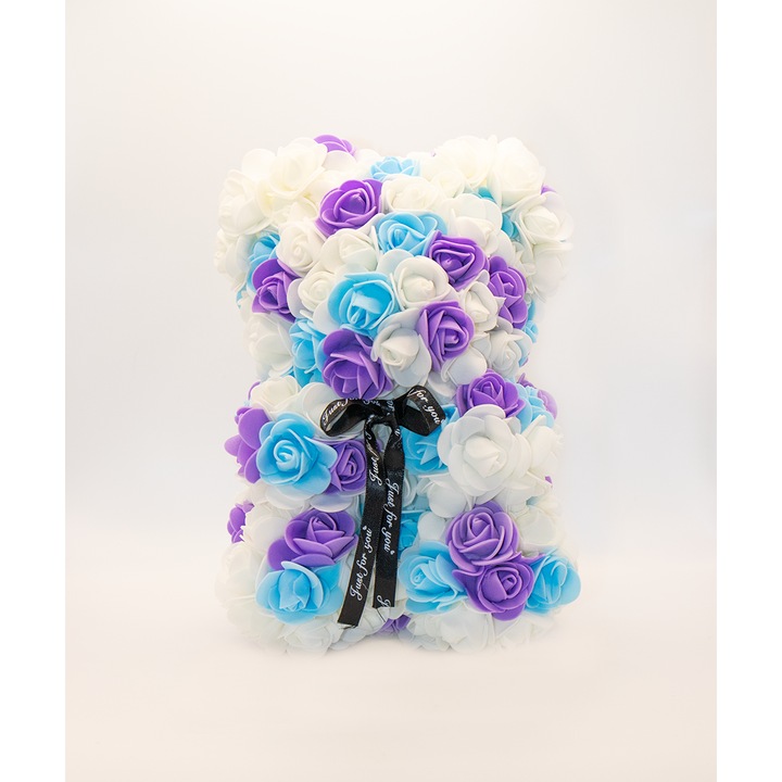 Ursulet din petale de trandafir din sapun, MyRavadino, cutie cadou inclusa, 25 cm, Mov cu Alb