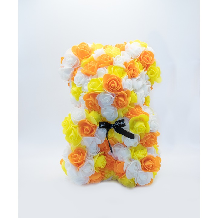Ursulet din petale de trandafir din sapun, MyRavadino, cutie cadou inclusa, 25 cm, Galben Cu Portocaliu