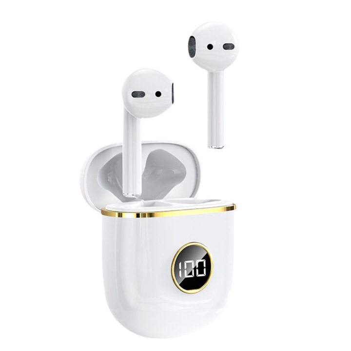 Casti Wireless In-Ear, Audio fara fir, Tehnologie Anulare Zgomot Exterior, HiFi Sound, Rezistente la Apa IPX-4, Gaming si Sport, Bluetooth 5.0, Autonomie 120 Ore, Alb