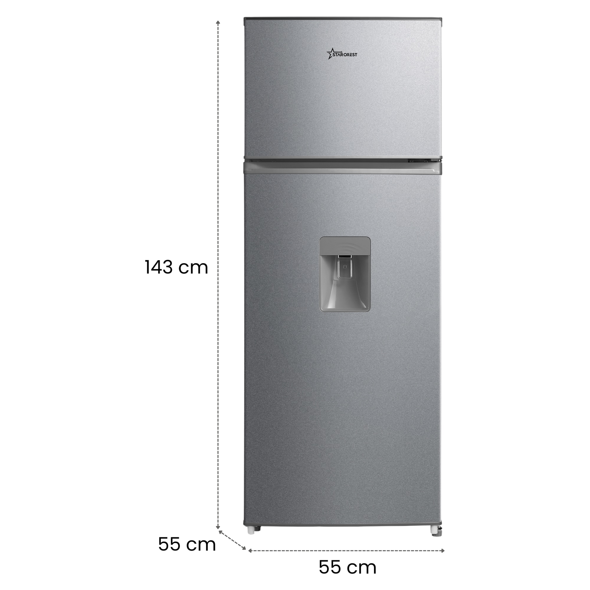 Frigider cu 2 usi STARCREST SF-204WD-SLE, 199 L, Clasa E, Dozator Apa, Iluminare LED, Termostat Ajustabil, Usi reversibile, H 143 cm, Argintiu