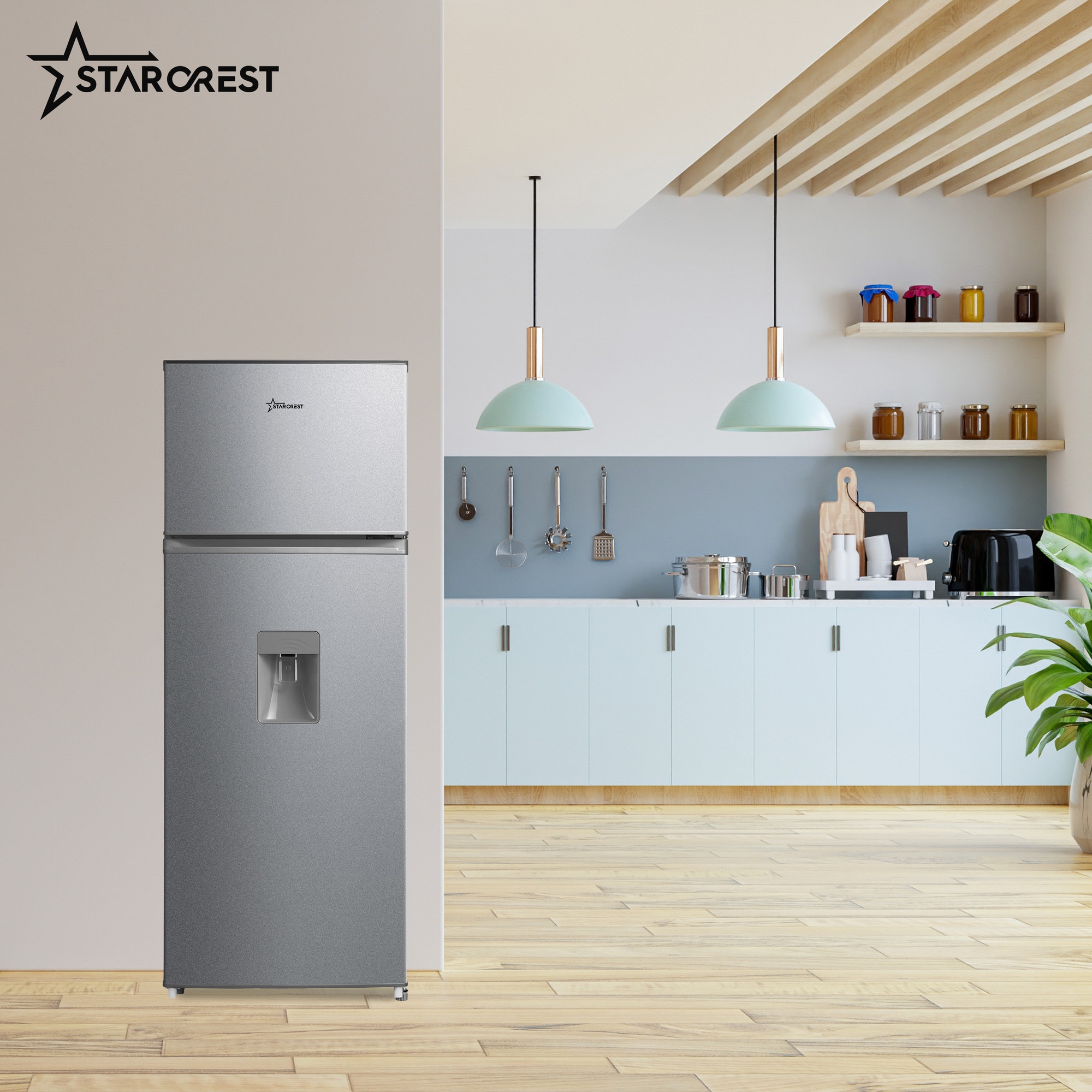 Frigider cu 2 usi STARCREST SF-204WD-SLE, 199 L, Clasa E, Dozator Apa, Iluminare LED, Termostat Ajustabil, Usi reversibile, H 143 cm, Argintiu
