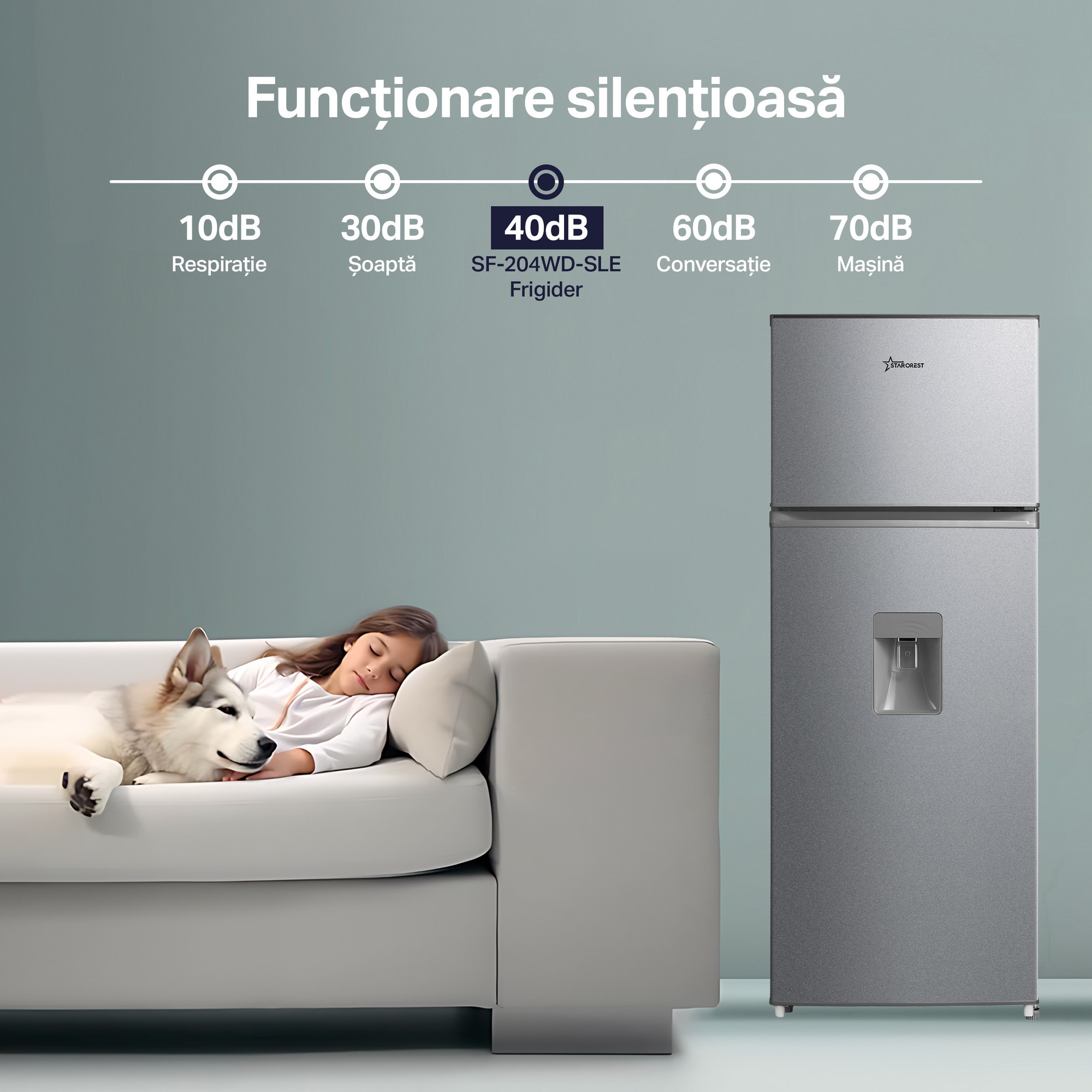 Frigider cu 2 usi STARCREST SF-204WD-SLE, 199 L, Clasa E, Dozator Apa, Iluminare LED, Termostat Ajustabil, Usi reversibile, H 143 cm, Argintiu