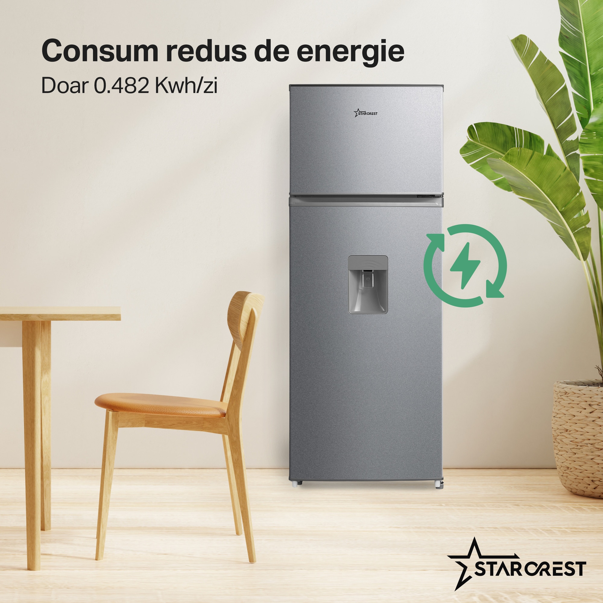 Frigider cu 2 usi STARCREST SF-204WD-SLE, 199 L, Clasa E, Dozator Apa, Iluminare LED, Termostat Ajustabil, Usi reversibile, H 143 cm, Argintiu