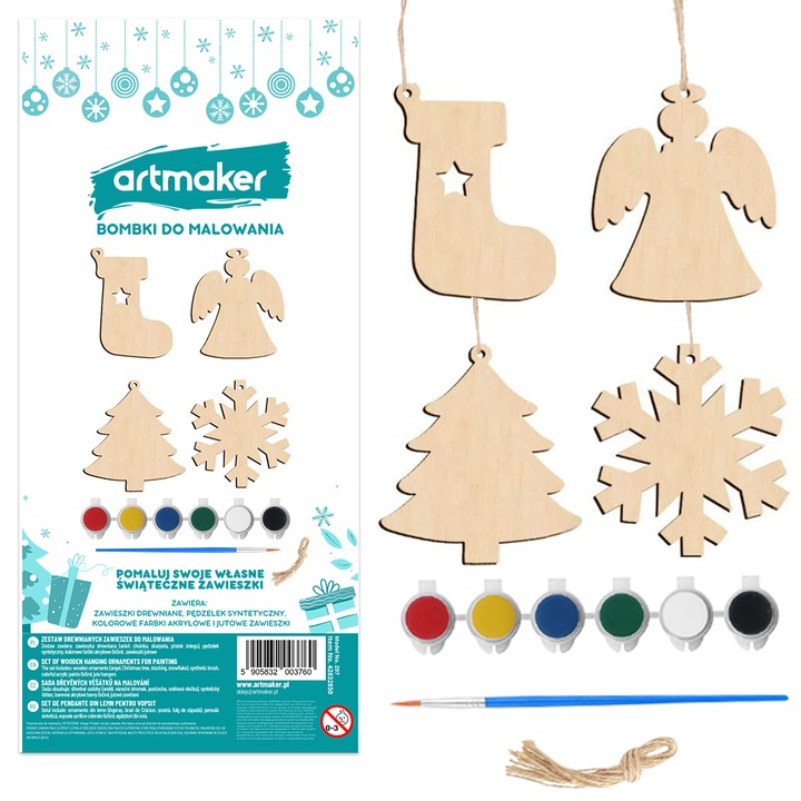 Globuri Pentru Pictat, Decoratiuni Din Lemn, Artmaker, 4 Bucati, Cu Vopsele Acrilice Si Pensula, Perfecte Pentru Activitati Creative, DIY Pentru Copii Si Adulti, Cadou, Decor Pentru Brad, Sigure, 7–8 cm