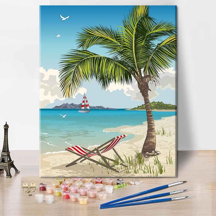 Set Complet pentru Pictura, Panza 50x38 cm, 3 Pensule, 24 Acuarele Acrylice, Marcaje Specifice, Fara Rama, Plaja cu Palmier