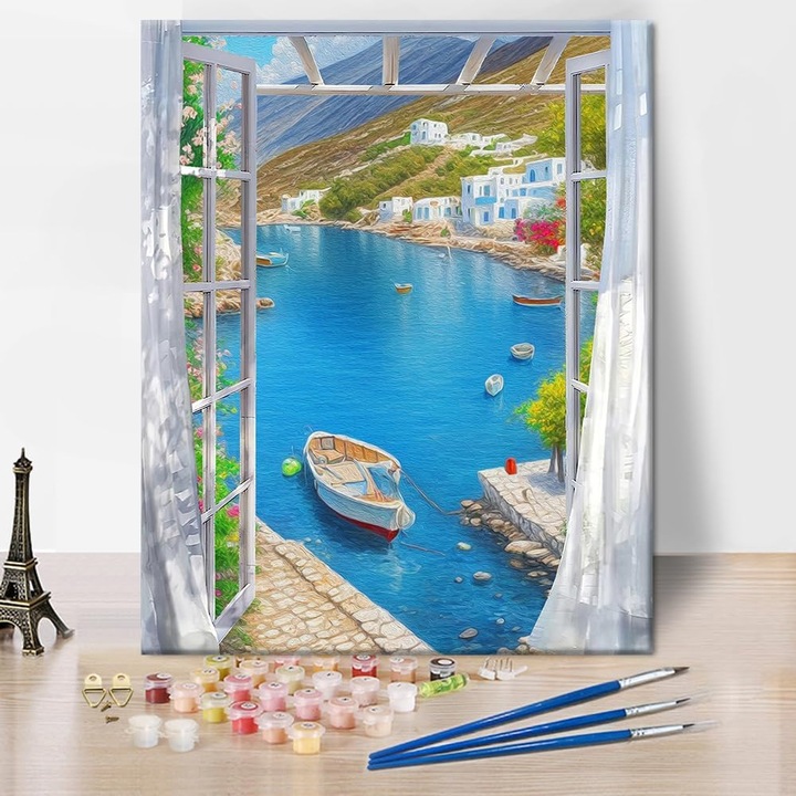 Set Complet pentru Pictura, Panza 50x38 cm, 3 Pensule, 24 Acuarele Acrylice, Marcaje Specifice, Fara Rama, Priveliste pe Lac