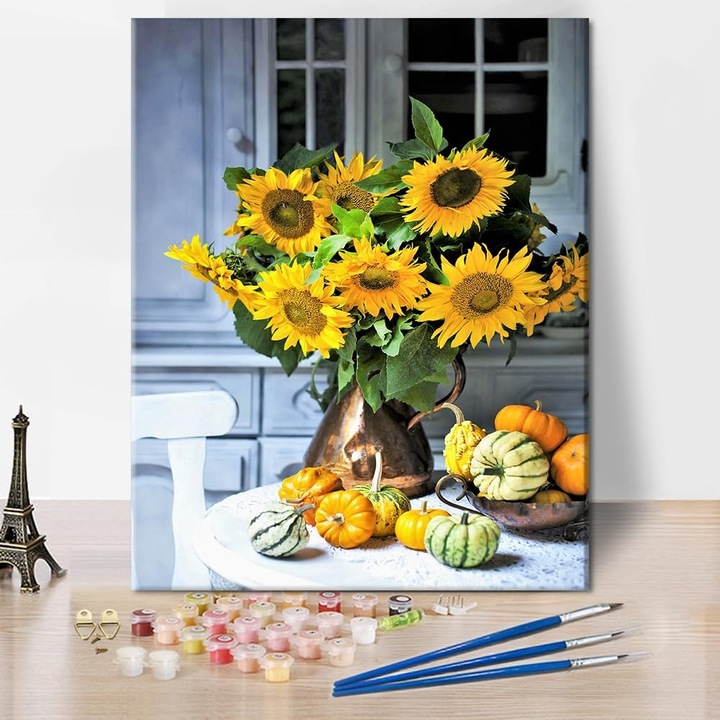 Set Complet pentru Pictura, Panza 50x38 cm, 3 Pensule, 24 Acuarele Acrylice, Marcaje Specifice, Fara Rama, Ornament Floarea Soarelui