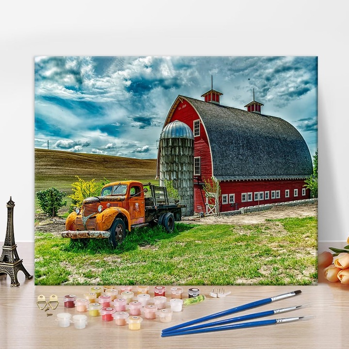 Set Complet pentru Pictura, Panza 50x38 cm, 3 Pensule, 24 Acuarele Acrylice, Marcaje Specifice, Fara Rama, Hambar cu Masina Veche