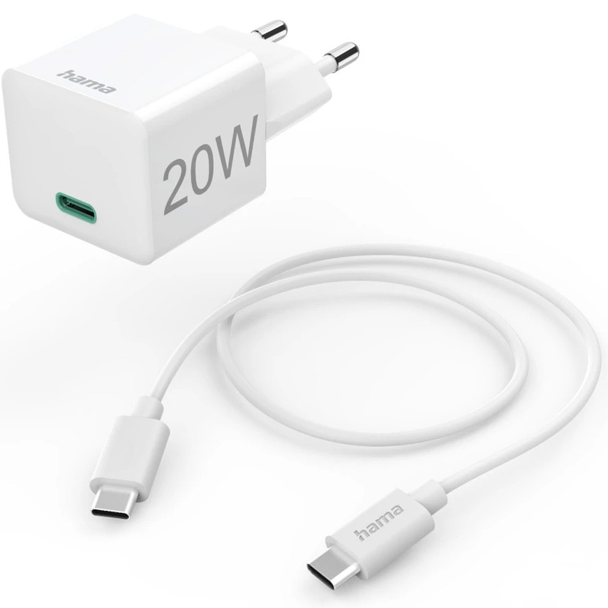 Mini-Incarcator retea Rapid Hama + Cablu de Incarcare USB-C, PD, 20 W, 1 m, alb