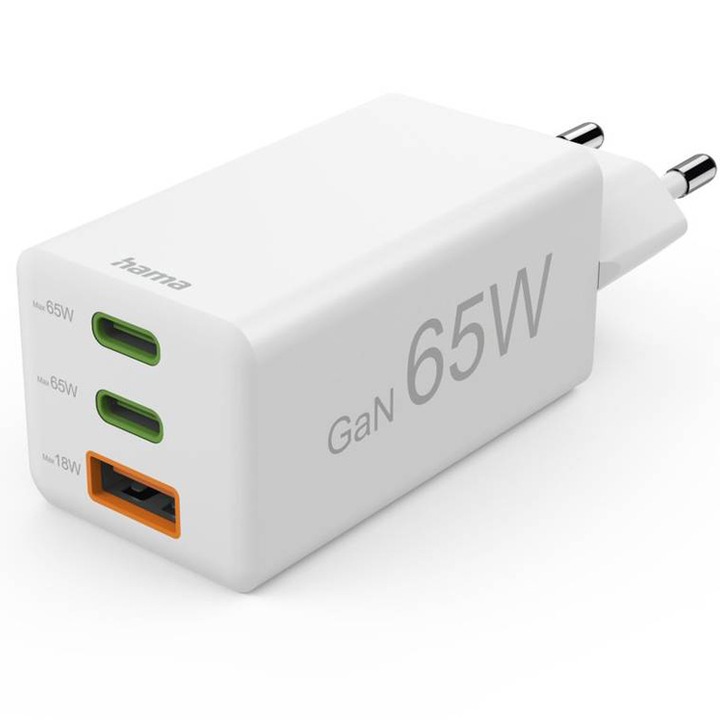 Mini-Incarcator retea Rapid Hama GaN, 2x USB-C, 1x USB-A, PD, 65 W, alb