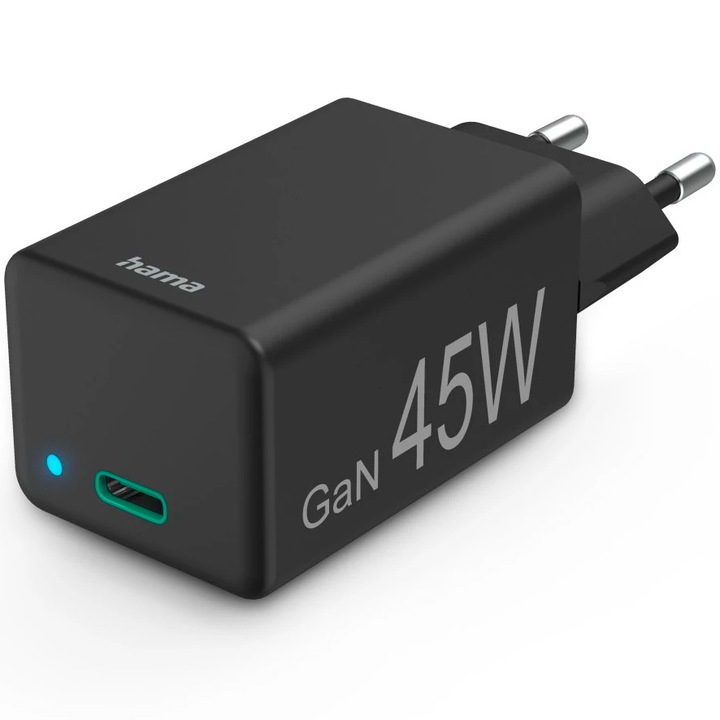 Мини зарядно устройство Rapid Hama USB-C, PD/Qualcomm®/GaN, 45W, Черен