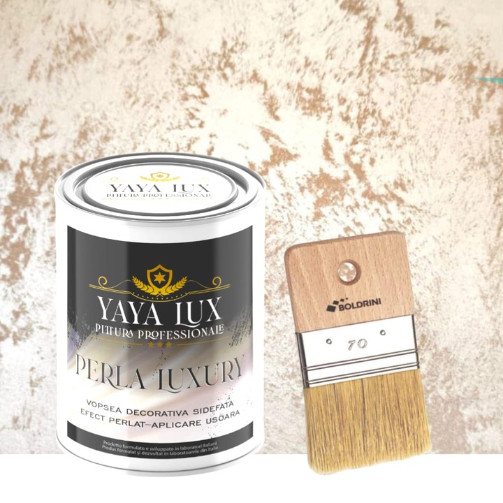 Vopsea decorativa de Lux, Perla Luxury cu Fulgi Perlati, Cafea cu Lapte, 2 Litri si Pensula 70 mm