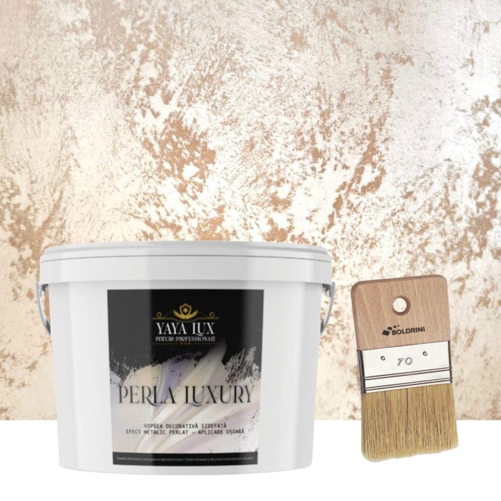 Vopsea decorativa de Lux, Perla Luxury cu Fulgi Perlati, Cafea cu Lapte, 2 Litri si Pensula 70 mm
