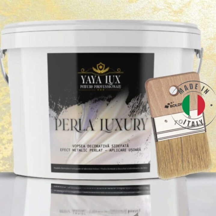 Vopsea decorativa de Lux, Perla Luxury Crem, cu Fulgi Perlati, 2 Litri si Pensula 70 mm