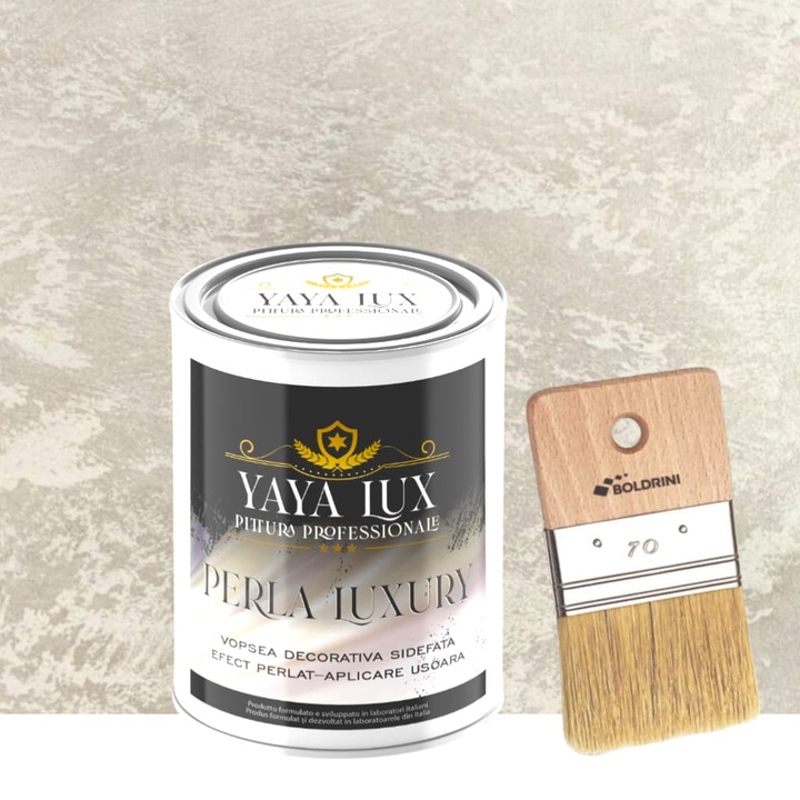 Vopsea decorativa de Lux, Perla Luxury Bej Deschis, cu Fulgi Perlati, 2 Litri si Pensula 70 mm