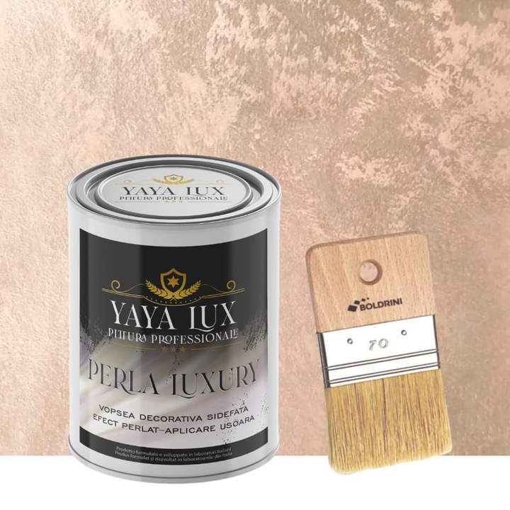 Vopsea decorativa de Lux, Perla Luxury cu Fulgi Perlati, Roz Prafuit, 2 Litri si Pensula 70 mm