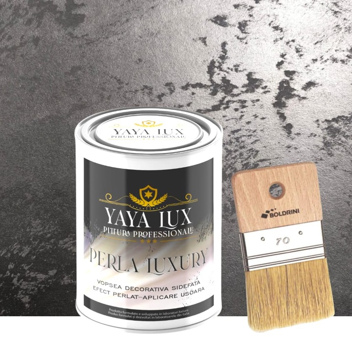 Vopsea decorativa de Lux, Perla Luxury cu Fulgi Perlati, Negru, 2 Litri si Pensula 70 mm