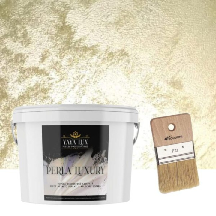 Vopsea decorativa de Lux, Perla Luxury cu Fulgi Perlati, Verde Fistic, 2 Litri si Pensula 70 mm