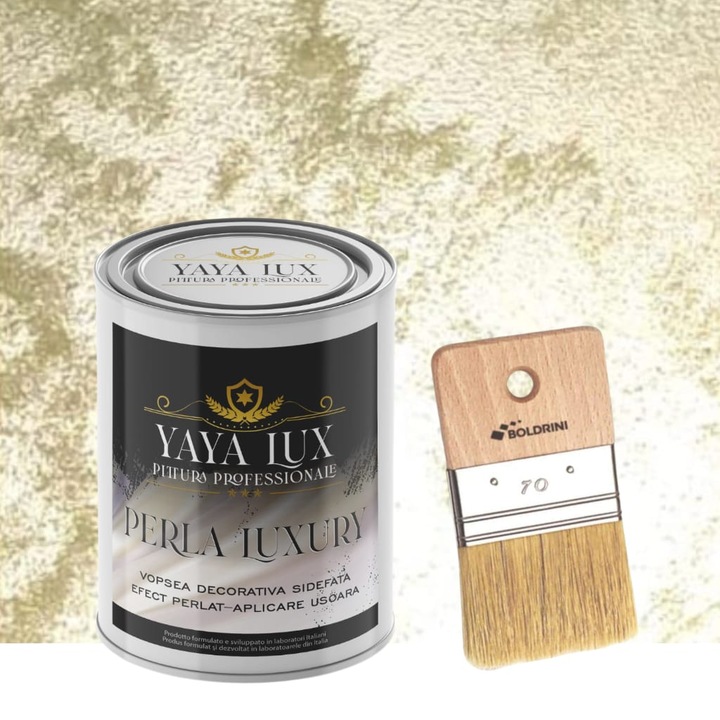 Vopsea decorativa de Lux, Perla Luxury cu Fulgi Perlati, Verde Fistic, 2 Litri si Pensula 70 mm