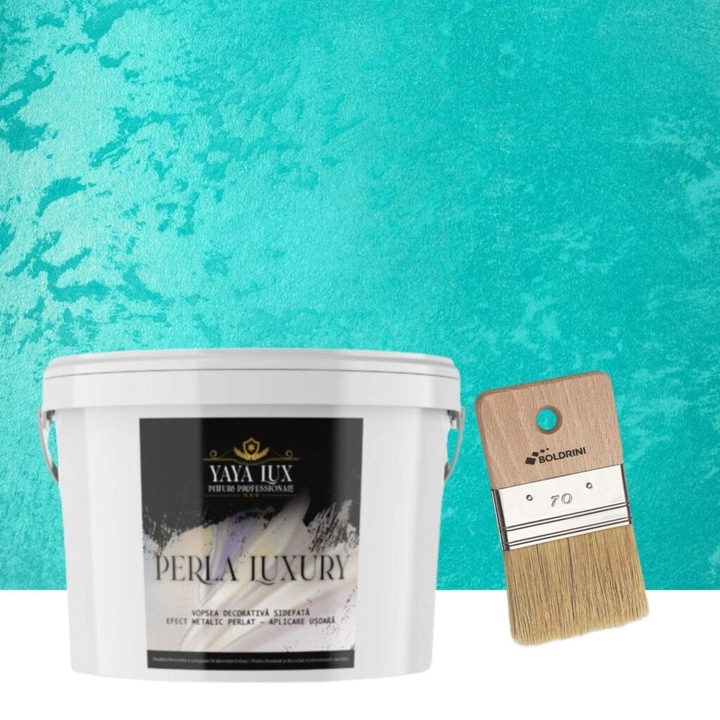 Vopsea decorativa de Lux, Perla Luxury Turcoaz Deschis, cu Fulgi Perlati, 2 Litri si Pensula 70 mm