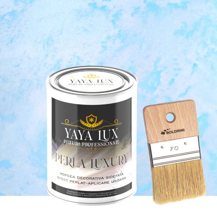 Vopsea decorativa de Lux, Perla Luxury cu Fulgi Perlati, Albastru Deschis, 2 Litri si Pensula 70 mm