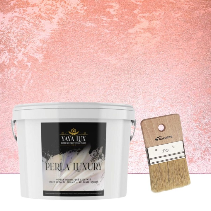 Vopsea decorativa de Lux, Perla Luxury cu Fulgi Perlati, Sunset, 2 Litri si Pensula 70 mm