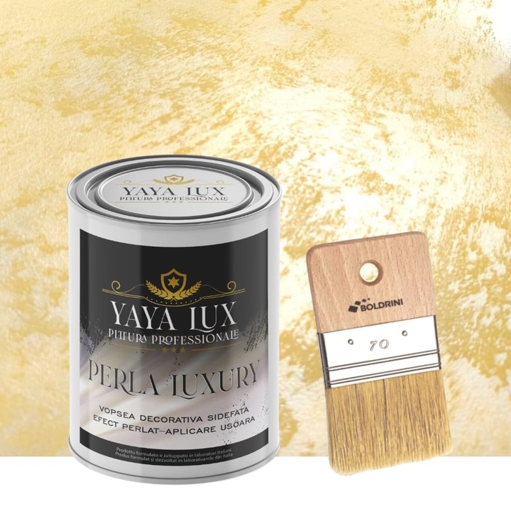 Vopsea decorativa de Lux, Perla Luxury cu Fulgi Perlati, Fildes Deschis, 2 Litri si Pensula 70 mm