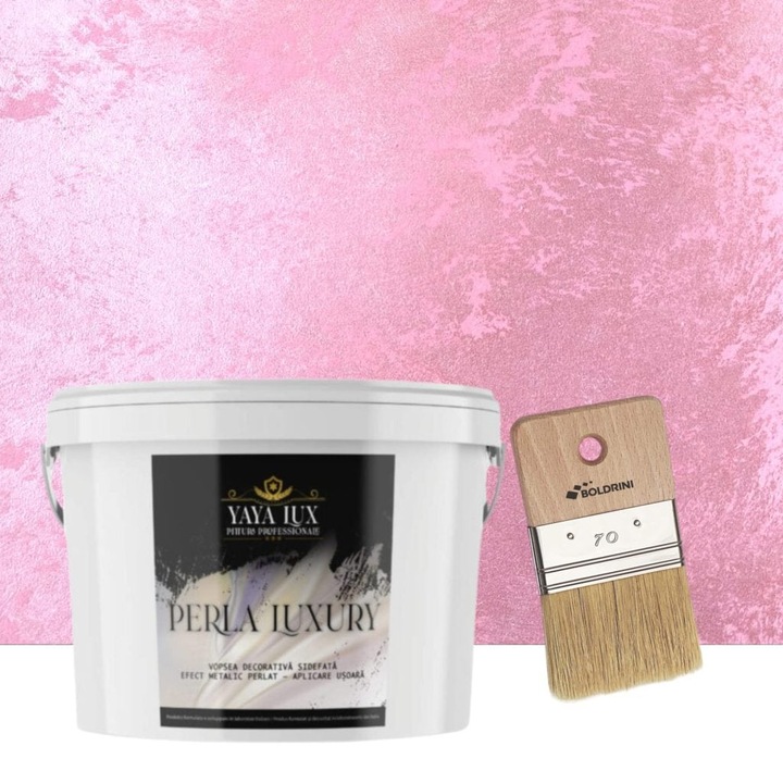 Vopsea decorativa de Lux, Perla Luxury Trandafir Roz, cu Fulgi Perlati, 2 Litri si Pensula 70 mm